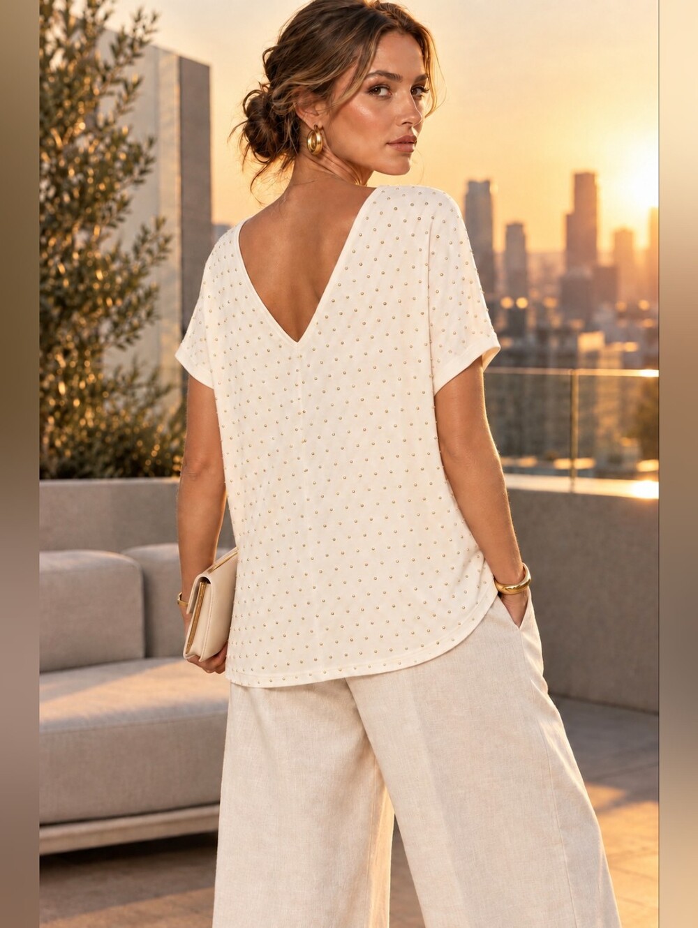 Jennifer Lopez Cream Gold Studded Polka Dot Dolman Sleeve Stretch Top Blouse M